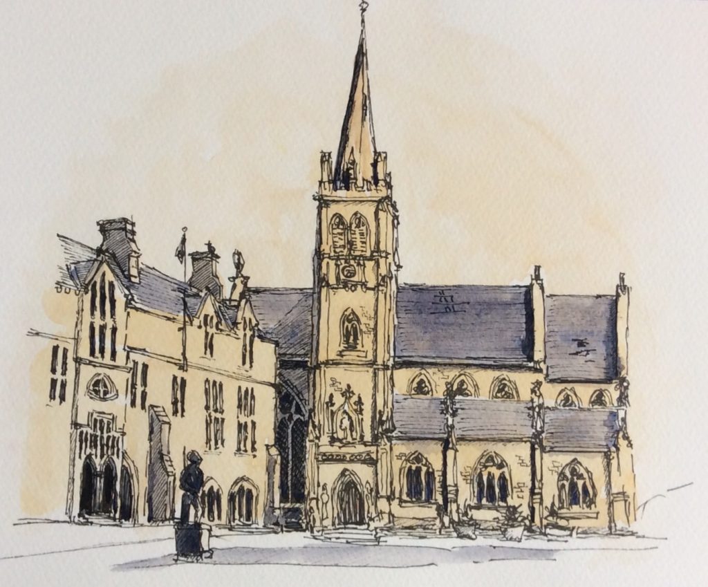 The Marketplace, Durham, $175 Framed. Also sketched on site then painted with a very limited palette.