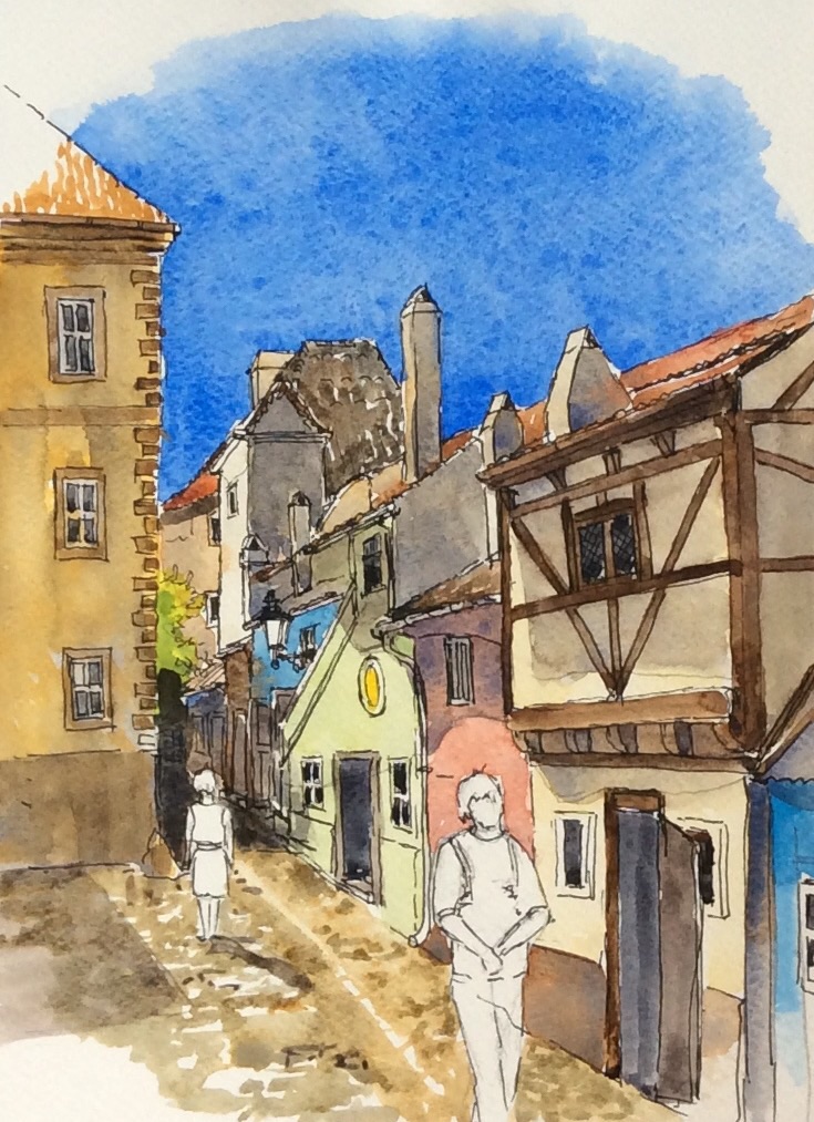 The Golden Lane, Prague Castle, sold. Painted later from a sketch done on site. Line and wash is a flexible option, great when travelling.