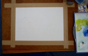 Stretched paper sketched up and ready to start painting