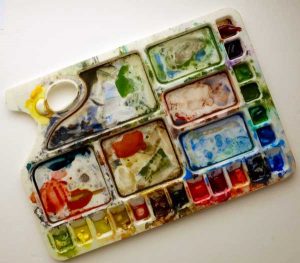 My messy palette. I don't like to waste any good colours.