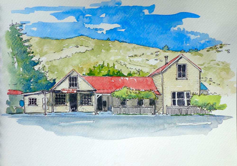 Okains Bay Store, an example of a fairly simple line and wash work. Not far from colouring in.